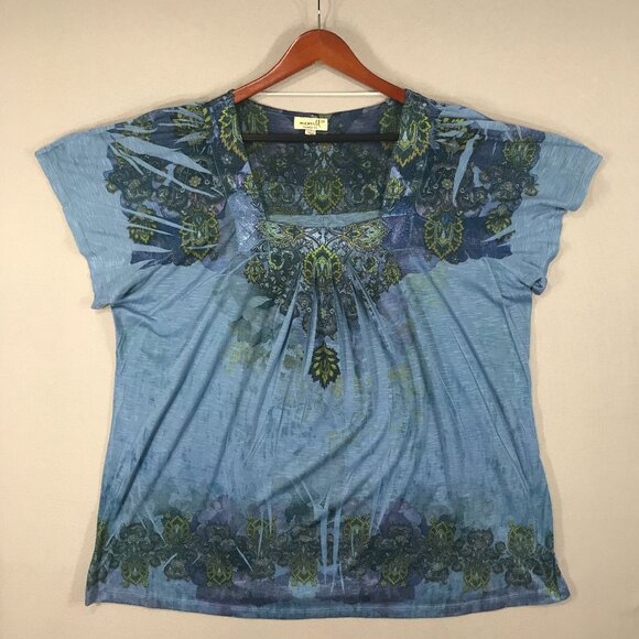 One World Top Women's 2X Blue Floral Popover Blouse Boho Square Neck Cap Sleeve - Picture 1 of 10
